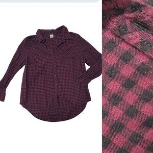 Womens Plaid Button-Up Long Sleeve Shirt Burgundy Plaid Chest Pockets 1825